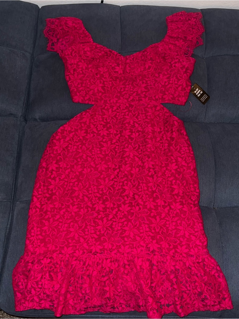 Red Lace Fit & Flare Dress with Cut Out Waist and Ruffle Hem